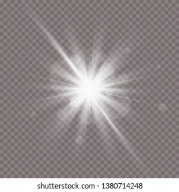 White glowing light burst explosion with transparent.Glare texture. Transparent shine gradient glitter, bright flare.  Vector illustration for cool effect decoration with ray sparkles. Bright star. 