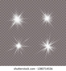 White glowing light burst explosion with transparent. Vector illustration for cool effect decoration with ray sparkles. Bright star. Transparent shine gradient glitter, bright flare. Glare texture.