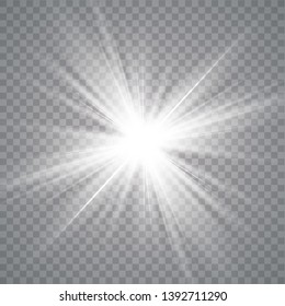 White glowing light burst explosion with transparent. Vector illustration for cool effect decoration with ray sparkles. Bright star. Transparent shine, bright flare. Vector illustration eps10.