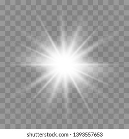 White glowing light burst explosion with transparent. Vector illustration for cool effect decoration. Bright star. Transparent shine gradient glitter, bright flare.