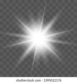 White glowing light burst explosion with transparent. Vector illustration for cool effect decoration. Bright star. Transparent shine gradient glitter, bright flare.