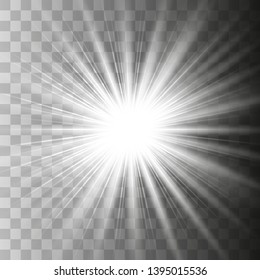 White glowing light burst explosion with transparent. Vector illustration for cool effect decoration with ray sparkles. Bright star. Transparent shine, bright flare. Vector illustration eps10.