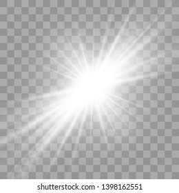 White glowing light burst explosion with transparent. Vector illustration for cool effect decoration with ray sparkles. Bright star. Transparent shine, bright flare. Vector illustration eps10.