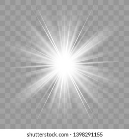White glowing light burst explosion with transparent. Vector illustration for cool effect decoration with ray sparkles. Bright star. Transparent shine, bright flare. Vector illustration eps10.