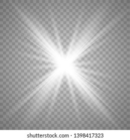 White glowing light burst explosion with transparent. Vector illustration for cool effect decoration with ray sparkles. Bright star. Transparent shine, bright flare. Vector illustration eps10.