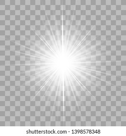 White glowing light burst explosion with transparent. Vector illustration for cool effect decoration with ray sparkles. Bright star. Transparent shine, bright flare. Vector illustration eps10.