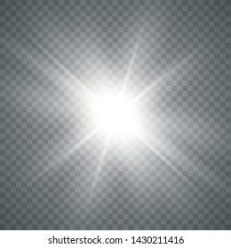 White glowing light burst explosion with transparent. Sparkling magical dust particles. Bright Star. Transparent shining sun, bright flash.