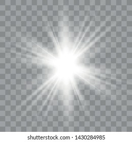 White glowing light burst explosion with transparent. Sparkling magical dust particles. Bright Star. Transparent shining sun, bright flash.