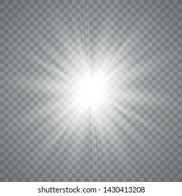 White glowing light burst explosion with transparent. Sparkling magical dust particles. Bright Star. Transparent shining sun, bright flash.