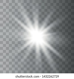 White glowing light burst explosion with transparent. Sparkling magical dust particles. Bright Star. Transparent shining sun, bright flash.