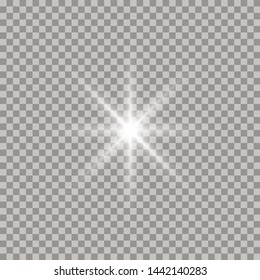 White glowing light burst explosion transparent. Vector illustration for cool effect decoration with ray sparkles. Bright star. Transparent shine gradient glitter, bright flare. Glare texture.