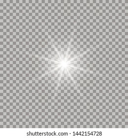 White glowing light burst explosion transparent. Vector illustration for cool effect decoration with ray sparkles. Bright star. Transparent shine gradient glitter, bright flare. Glare texture.
