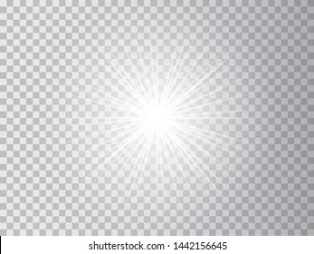 White glowing light burst explosion transparent. Vector illustration for cool effect decoration with ray sparkles. Bright star. Transparent shine gradient glitter, bright flare. Glare texture.