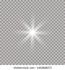 White glowing light burst explosion transparent. Vector illustration for cool effect decoration with ray sparkles. Bright star. Transparent shine gradient glitter, bright flare. Glare texture.