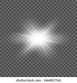 White glowing light burst explosion with transparent. Vector illustration for cool effect decoration with ray sparkles. Bright star. Transparent shine gradient glitter, bright flare. Glare texture.
