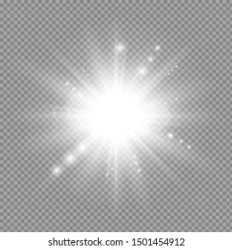 White glowing light burst explosion transparent. Vector illustration for cool effect decoration with ray sparkles. Bright star. Transparent shine gradient glitter, bright flare. Glare texture.