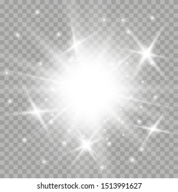 White glowing light burst explosion transparent. Vector illustration for cool effect decoration with ray sparkles. Bright star. Transparent shine gradient glitter, bright flare. Glare texture.