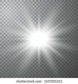 Weißes Licht brach Explosion mit transparenter Oberfläche aus. Vektorillustration-Illustration für coole Effektdekoration mit Strahlfunkeln. Heller Stern.