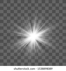 White glowing light burst explosion with transparent. Vector illustration for cool effect decoration with ray sparkles. Bright star. Transparent shine gradient glitter, bright flare. Glare texture.