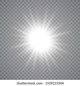 White glowing light burst explosion with transparent. Vector illustration for cool effect decoration with ray sparkles. Bright star.
