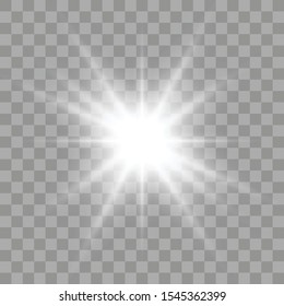White glowing light burst explosion with transparent. Vector illustration for cool effect decoration with ray sparkles. Bright star.