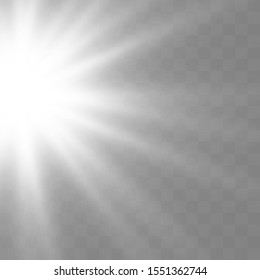 White glowing light burst explosion with transparent. Vector illustration for cool effect decoration with ray sparkles. Bright star. Transparent shine gradient glitter, bright flare. Glare texture.