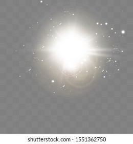 White glowing light burst explosion with transparent. Vector illustration for cool effect decoration with ray sparkles. Bright star. Transparent shine gradient glitter, bright flare. Glare texture.