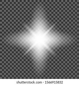 White glowing light burst explosion transparent. Vector illustration for cool effect decoration with ray sparkles. Bright star. Transparent shine gradient glitter, bright flare. Glare texture.