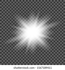 White glowing light burst explosion transparent. Vector illustration for cool effect decoration with ray sparkles. Bright star. Transparent shine gradient glitter, bright flare. Glare texture.