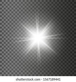White glowing light burst explosion transparent. Vector illustration for cool effect decoration with ray sparkles. Bright star. Transparent shine gradient glitter, bright flare. Glare texture.