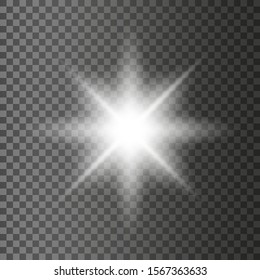 White glowing light burst explosion transparent. Vector illustration for cool effect decoration with ray sparkles. Bright star. Transparent shine gradient glitter, bright flare. Glare texture.