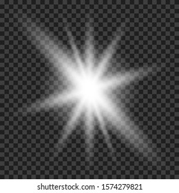 White glowing light burst explosion with transparent. Vector illustration for cool effect decoration with ray sparkles. Bright star. Transparent shine gradient glitter, bright flare. Glare texture.