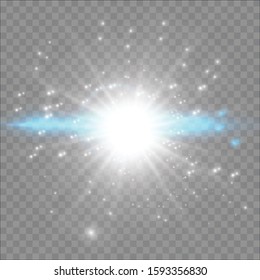 White glowing light burst explosion transparent. Vector illustration for cool effect decoration with ray sparkles. Bright star. Transparent shine gradient glitter, bright flare. Glare texture.
