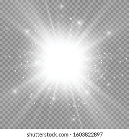 White glowing light burst explosion transparent. Vector illustration for cool effect decoration with ray sparkles. Bright star. Transparent shine gradient glitter, bright flare. Glare texture.