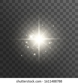 White glowing light burst explosion transparent. Vector illustration for cool effect decoration with ray sparkles. Special lens flare light effect. Transparent shine gradient glitter, bright flare.