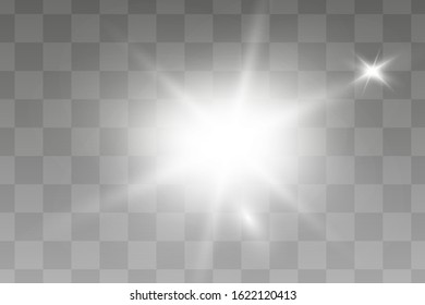 White glowing light burst explosion transparent. Vector illustration for cool effect decoration with ray sparkles. Bright star. Transparent shine gradient glitter, bright flare. Glare texture.
