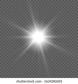 White glowing light burst explosion transparent. Vector illustration for cool effect decoration with ray sparkles. Bright star. Transparent shine gradient glitter, bright flare. Glare texture.