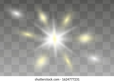 White glowing light burst explosion transparent. Vector illustration for cool effect decoration with ray sparkles. Bright star. Transparent shine gradient glitter, bright flare. Glare texture.