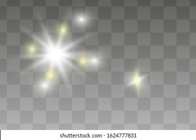 White glowing light burst explosion transparent. Vector illustration for cool effect decoration with ray sparkles. Bright star. Transparent shine gradient glitter, bright flare. Glare texture.