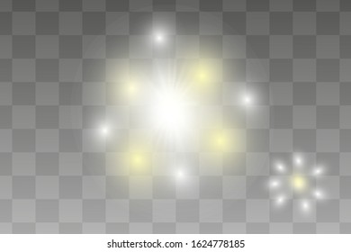 White glowing light burst explosion transparent. Vector illustration for cool effect decoration with ray sparkles. Bright star. Transparent shine gradient glitter, bright flare. Glare texture.