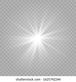 White glowing light burst explosion with transparent. Vector illustration for decorating cool effect with radiation sparkles. Bright Star. Transparent glitter shine gradient, bright flash. Texture gla