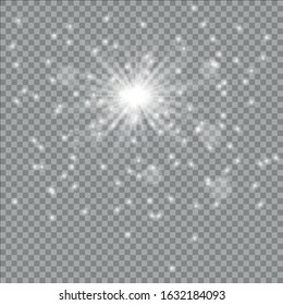 White glowing light burst explosion with transparent. Vector illustration for cool effect decoration with ray sparkles. Bright star. Transparent shine gradient glitter, bright flare. Glare texture.