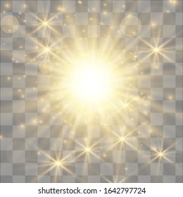 White glowing light burst explosion with transparent. Vector illustration for cool effect decoration with ray sparkles. Bright star. Transparent shine gradient glitter, bright flare. Glare texture