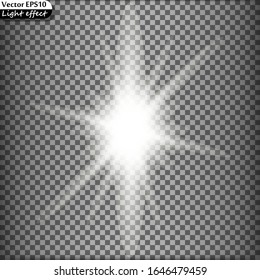 Explosión de luz brillante blanca con transparencia. Ilustración vectorial para la decoración de efecto fresco con chispas rayadas. Estrella brillante. Brillo transparente de degradado, brillo brillante. Textura de cristal.
