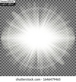 White glowing light burst explosion with transparent. Vector illustration for cool effect decoration with ray sparkles. Bright star. Transparent shine gradient glitter, bright flare. Glare texture.