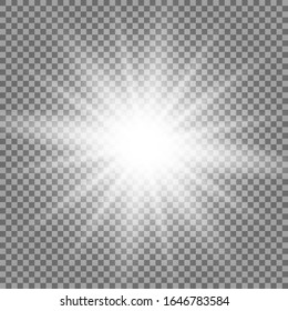 White glowing light burst explosion with transparent. Vector illustration for cool effect decoration with ray sparkles. Bright star. Transparent shine gradient glitter, bright flare. Glare texture.