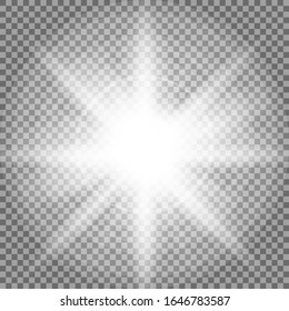 Weißes Licht brach Explosion mit transparenter Oberfläche aus. Vektorillustration-Illustration für coole Effektdekoration mit Strahlfunkeln. Heller Stern. Transparenter glänzender Farbverlauf-Glitter, heller Fackel. Glatte Textur.