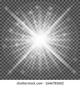 White glowing light burst explosion with transparent. Vector illustration for cool effect decoration with ray sparkles. Bright star. Transparent shine gradient glitter, bright flare. Glare texture.