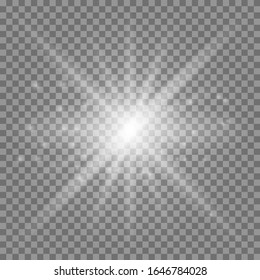 White glowing light burst explosion with transparent. Vector illustration for cool effect decoration with ray sparkles. Bright star. Transparent shine gradient glitter, bright flare. Glare texture.