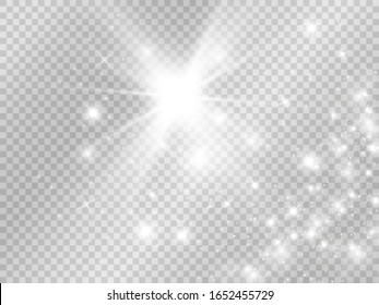 White glowing light burst explosion with transparent. Vector illustration for cool effect decoration with ray sparkles. Bright star. Transparent shine gradient glitter.
